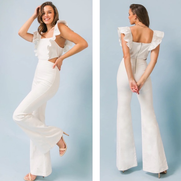 Flying Tomato Pants - New White Denim Cut Out Jumpsuit Flare Leg Ruffle Sleeve